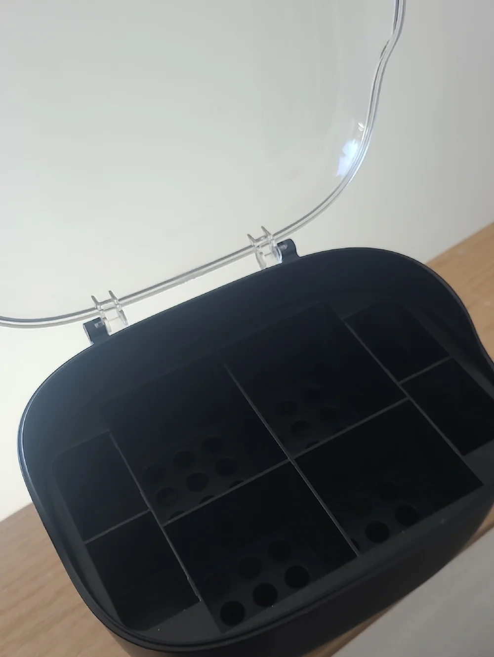 Small Black Cosmetic Organizer with Clear Lid and Gold Accents